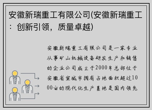 安徽新瑞重工有限公司(安徽新瑞重工：创新引领，质量卓越)